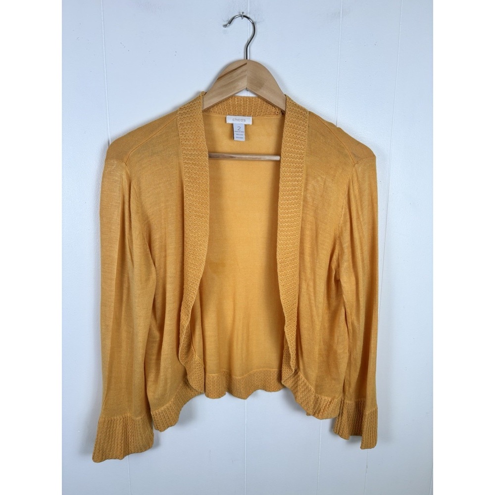 Chicos‎ 2 Trisha Sz Large Bolero Cardigan Silk Cropped Open Front Pollen Yellow